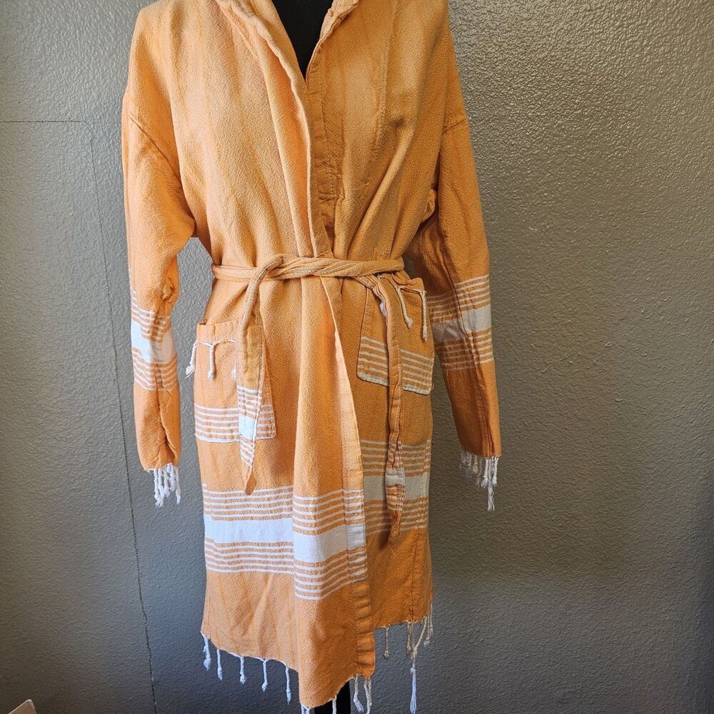 Uzman Cotton Robe Orange Turkish Towel Bathrobe Fringe Belt One Size Cozy DD691